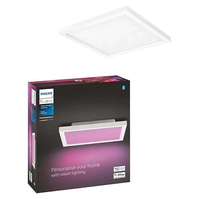 Philips Hue LED-Panel White & Color Ambiance Surimu - Classic - 24,8 W, L x B x H: 30 x 30 x 4,6 cm, Weiß, Opal, RGBW - Produktfoto der Philips Hue Surimu Panel Light mit Farbwechsel und Weißtönen für eine stimmungsvolle Beleuchtung.