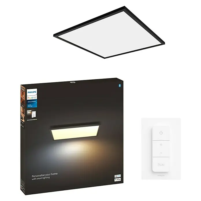 Philips Hue LED-Panel Aurelle - 39 W, L x B x H: 60 x 60 x 4,6 cm, Schwarz, Warmweiß - Das Philips Hue Aurelle Panel mit Dimmerschalter und Verpackung. Das smarte LED-Panel für ein angenehmes Ambiente im Raum.