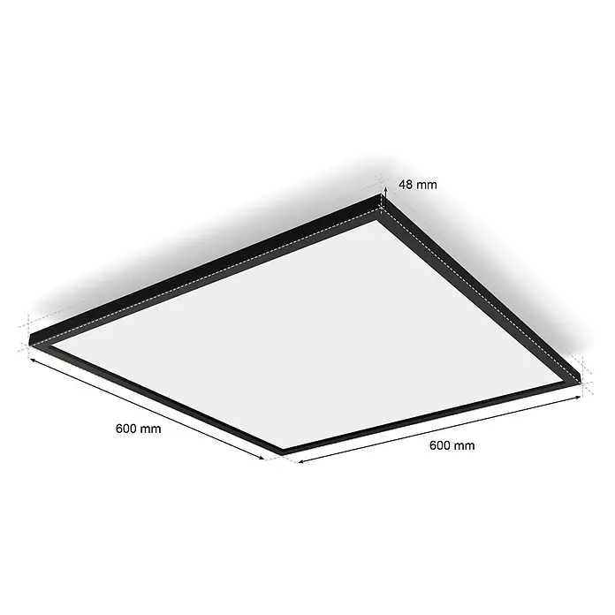 Philips Hue LED-Panel Aurelle - 39 W, L x B x H: 60 x 60 x 4,6 cm, Schwarz, Warmweiß - Bild einer flachen LED-Deckenleuchte mit rechteckigem Rahmen und den Maßen 600 mm x 600 mm und einer Höhe von 48 mm.