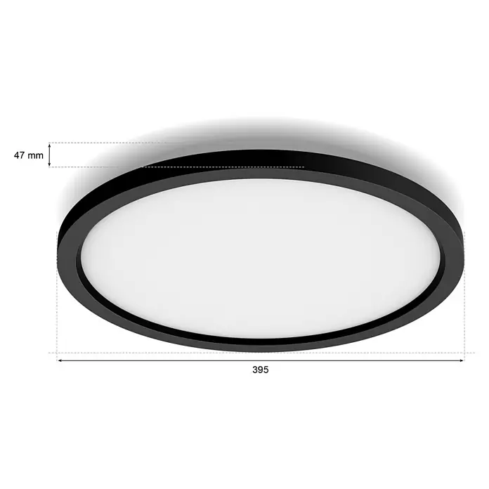 Philips Hue LED-Panel rund Aurelle - 21 W, Ø x H: 39,5 x 4,7 cm, Schwarz, Warmweiß - Nahaufnahme einer schwarzen runden LED-Deckenleuchte mit den Maßen 47 mm Höhe und 395 mm Durchmesser zur Beleuchtung von Innenräumen.