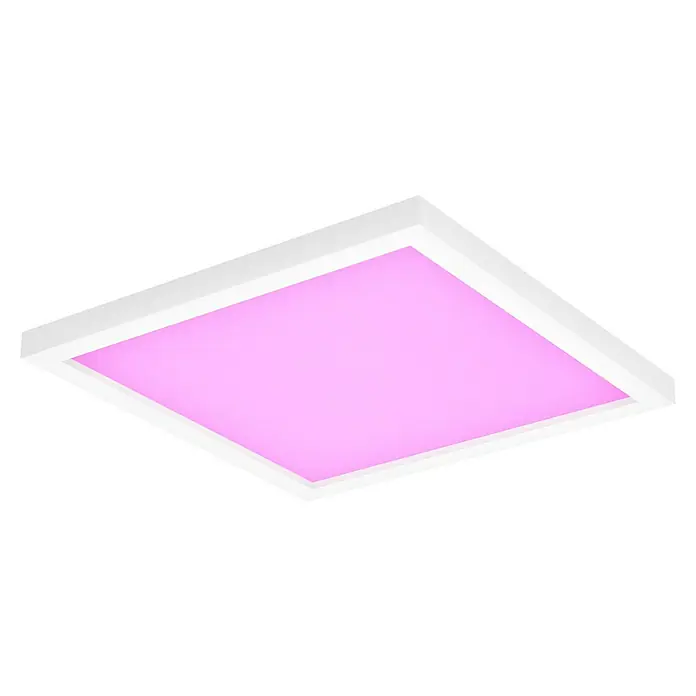 Philips Hue LED-Panel White & Color Ambiance Surimu - Classic - 24,8 W, L x B x H: 30 x 30 x 4,6 cm, Weiß, Opal, RGBW - Quadratische LED-Panel-Leuchte mit weißem Rahmen und rosafarbener Beleuchtung, die ein modernes und energieeffizientes Lichtdesign bietet.