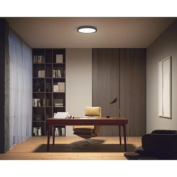 Philips Hue LED-Panel rund Aurelle21 W, Ø x H: 39,5 x 4,7 cm, Schwarz, Warmweiß - Moderne Büroeinrichtung mit einem schlanken, runden Deckenlicht, das den Raum erhellt und eine produktive Atmosphäre schafft.