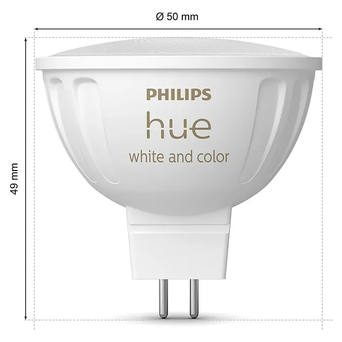 Philips Hue Smart-LED-Lampen Set White & Color Ambiance MR16 - GU5,3, Dimmbar, RGBW, 350 lm, 5,1 W, 1 Stk. - Bild einer Philips Hue Lampe in Weiß, mit den Maßen Durchmesser 50 mm und Höhe 49 mm, ideal für eine stimmungsvolle Beleuchtung.