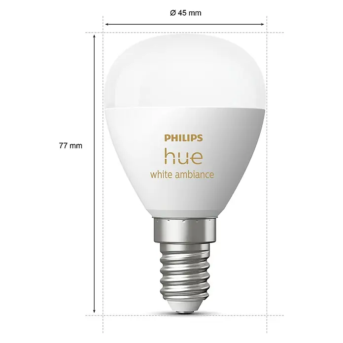 Philips Hue Smart-LED-Lampen Set White Ambiance Tropfen - E14, Dimmbar, Neutralweiß, 470 lm, 5,1 W, 1 Stk. - Das Bild zeigt eine Philips Hue White Ambiance Lampe mit E14 Fassung und den Maßen 77 mm Höhe und 45 mm Durchmesser.