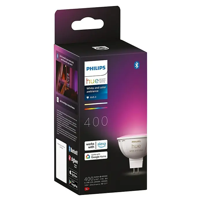 Philips Hue Smart-LED-Lampen Set White & Color Ambiance MR16 - GU5,3, Dimmbar, RGBW, 350 lm, 5,1 W, 1 Stk. - Philips Hue GU5.3 LED Lampe für eine persönliche, kabellose Beleuchtung mit Weiß- und Farbambiente, steuerbar per Bluetooth App.