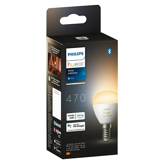 Philips Hue Smart-LED-Lampen Set White Ambiance Tropfen - E14, Dimmbar, Neutralweiß, 470 lm, 5,1 W, 1 Stk. - Philips Hue White Ambiance E14 LED-Lampe. Die intelligente Lampe sorgt für eine angenehme Atmosphäre und lässt sich einfach per App steuern.