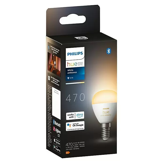 Philips Hue Smart-LED-Lampen Set White Ambiance TropfenE14, Dimmbar, Neutralweiß, 470 lm, 5,1 W, 1 Stk.