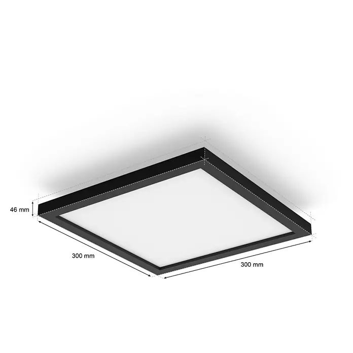 Philips Hue LED-Panel Aurelle - 19 W, L x B x H: 30 x 30 x 4,6 cm, Schwarz, Warmweiß - Abbildung einer quadratischen LED-Deckenleuchte mit den Maßen 300 x 300 mm und einer Höhe von 46 mm, die ein modernes und schlankes Design aufweist.