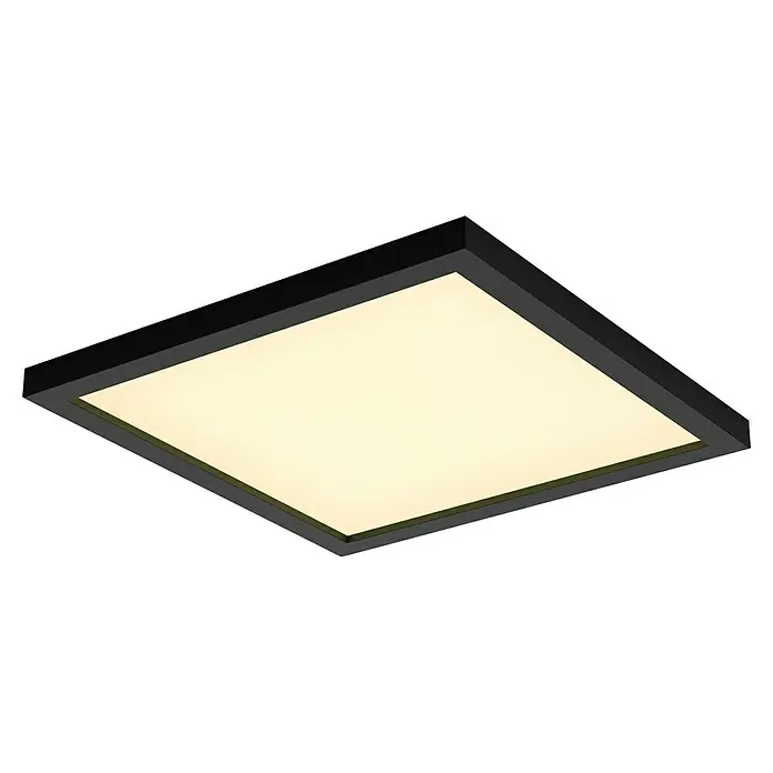 Philips Hue LED-Panel Aurelle - 19 W, L x B x H: 30 x 30 x 4,6 cm, Schwarz, Warmweiß - Eine moderne, quadratische LED-Deckenleuchte mit einem schwarzen Rahmen und einer warmweißen Lichtfläche, ideal für zeitgenössische Innenräume.