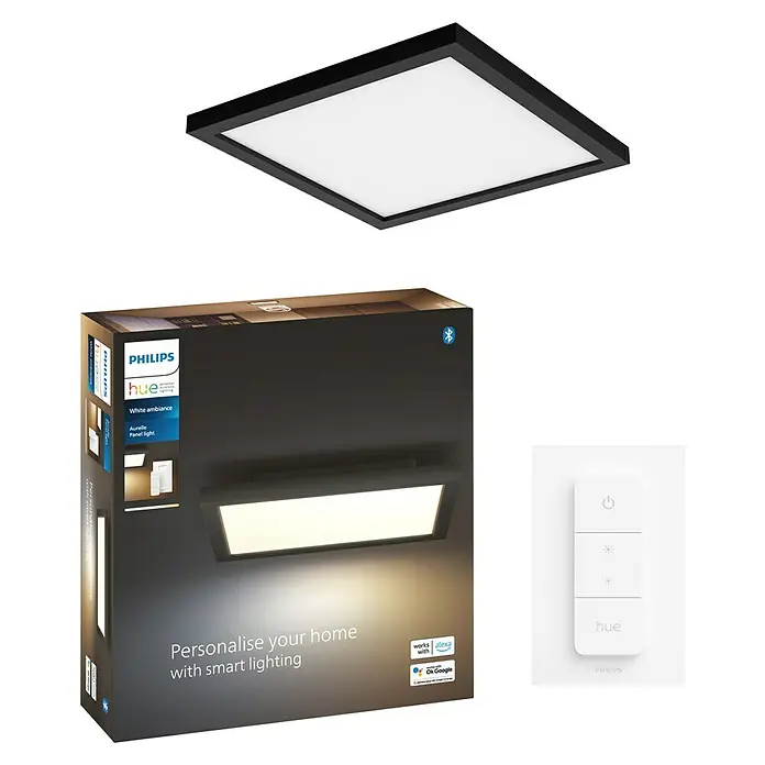 Philips Hue LED-Panel Aurelle - 19 W, L x B x H: 30 x 30 x 4,6 cm, Schwarz, Warmweiß - Das Bild zeigt eine Philips Hue Aurelle White Ambiance Panel Leuchte zusammen mit der zugehörigen Verpackung und einem Dimmschalter.