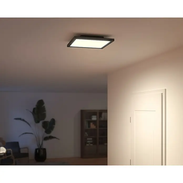 Philips Hue LED-Panel Aurelle - 19 W, L x B x H: 30 x 30 x 4,6 cm, Schwarz, Warmweiß - Eine moderne quadratische Deckenleuchte mit schwarzem Rahmen und hellem, diffusem Licht. Ideal für Flur oder Wohnbereich.