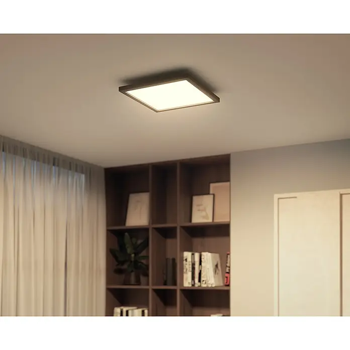 Philips Hue LED-Panel Aurelle - 19 W, L x B x H: 30 x 30 x 4,6 cm, Schwarz, Warmweiß - Moderne quadratische Deckenleuchte mit sanftem Licht für eine angenehme Raumatmosphäre. Das minimalistische Design passt perfekt in jedes Interieur.
