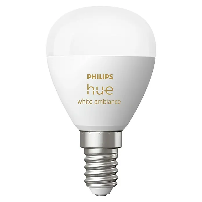 Philips Hue Smart-LED-Lampen Set White Ambiance Tropfen - E14, Dimmbar, Neutralweiß, 470 lm, 5,1 W, 1 Stk. - Nahaufnahme einer Philips Hue White Ambiance Lampe, die intelligentes Licht mit anpassbaren Weißtönen bietet.