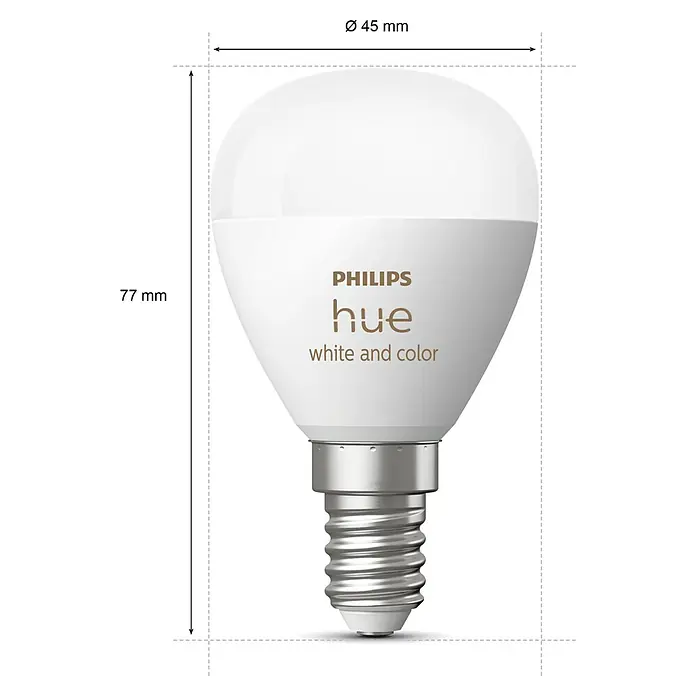 Philips Hue Smart-LED-Lampen Set White & Color Ambiance Tropfen - E14, Dimmbar, RGBW, 470 lm, 5,1 W, 1 Stk. - Abbildung einer Philips Hue White and Color E14 Lampe mit ihren Abmessungen. Die smarte Lampe ist 77 mm hoch und hat einen Durchmesser von 45 mm.
