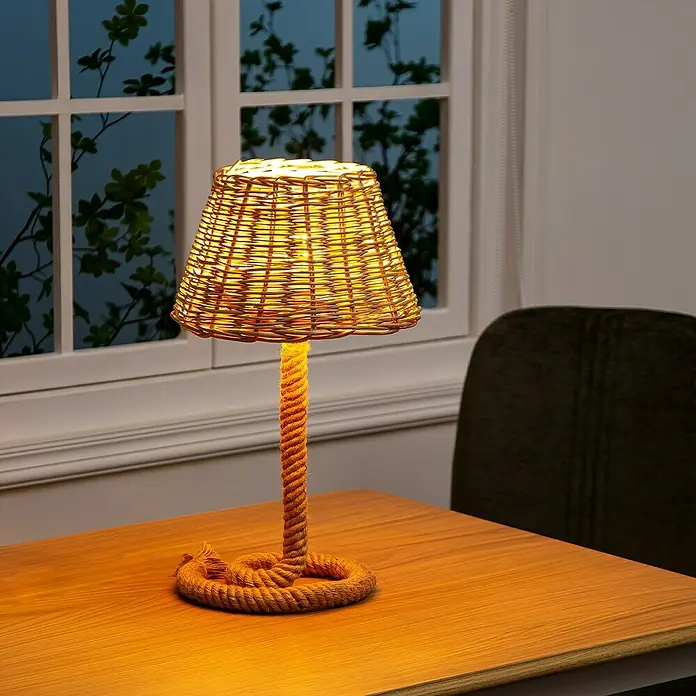 Home Sweet Home Lampenfuß Leonardo - 10 W, Höhe: 36 cm, Natur, E27 - Tischleuchte mit Seilfuß und Rattanschirm für stimmungsvolle Beleuchtung im Raum.