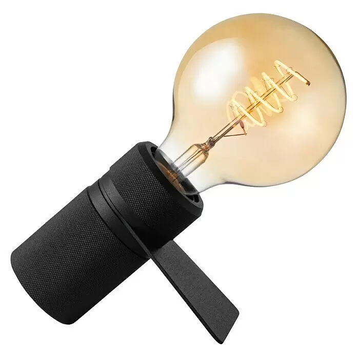 Home Sweet Home Tischleuchte Matrix - 10 W, L x B x H: 10,2 x 13 x 5,3 cm, Schwarz, E27 - Bernsteinfarbene LED-Glühfadenlampe mit schwarzem, strukturiertem Zylinderfuß und flachem schwarzem Montagearm.