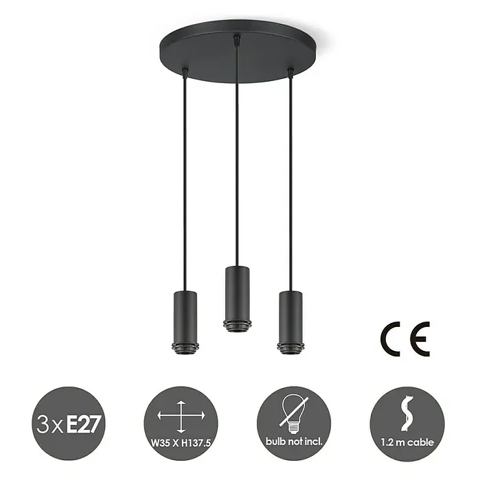 Home Sweet Home Pendelleuchte XXL 3L - 10 W, L x B x H: 35 x 35 x 137,5 cm, Schwarz, E27 - Nahaufnahme einer stilvollen, schwarzen Hängelampe mit drei Lampen, die ein modernes Ambiente schafft.