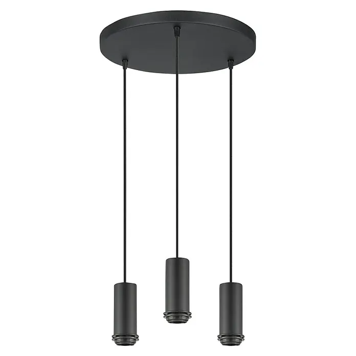 Home Sweet Home Pendelleuchte XXL 3L - 10 W, L x B x H: 35 x 35 x 137,5 cm, Schwarz, E27 - Eine moderne schwarze Dreifach-Pendelleuchte mit zylindrischen Lampenschirmen und einer runden Deckenhalterung.