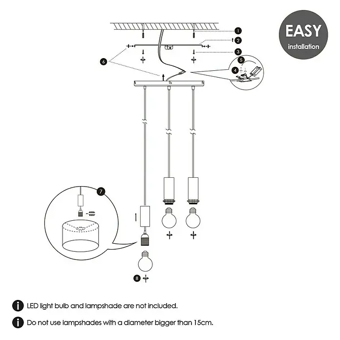 Home Sweet Home Pendelleuchte XXL 3L - 10 W, L x B x H: 35 x 35 x 137,5 cm, Schwarz, E27 - Anleitung für die Installation einer Hängelampe mit mehreren Fassungen, ohne Glühbirnen und Lampenschirme, einfache Installation.