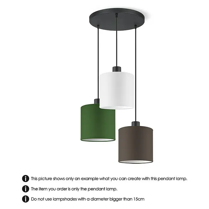 Home Sweet Home Pendelleuchte XXL 3L - 10 W, L x B x H: 35 x 35 x 137,5 cm, Schwarz, E27 - Das Bild zeigt eine Pendelleuchte mit drei Lampenschirmen in Weiß, Grün und Braun, die von einer schwarzen Deckenhalterung hängen.