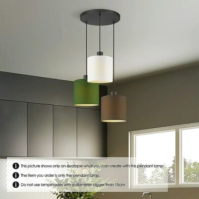 Home Sweet Home Pendelleuchte XXL 3L - 10 W, L x B x H: 35 x 35 x 137,5 cm, Schwarz, E27 - Das Bild zeigt eine Pendelleuchte mit drei Lampenschirmen in Weiß, Grün und Braun, die eine moderne und stilvolle Beleuchtungslösung bietet.