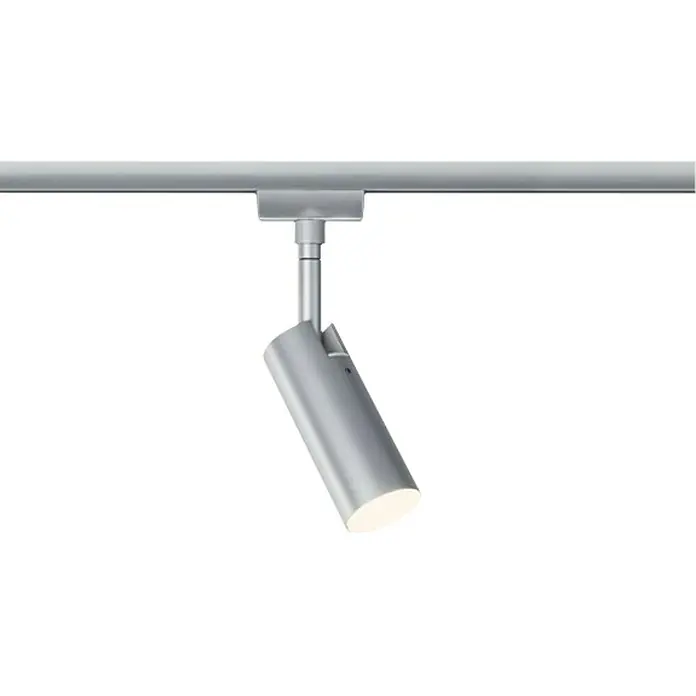 Paulmann URail LED-Spot Tubo 3-Step-Dim - 5 W, Warmweiß, Chrom-matt - Eine einzelne, silberne Schienenleuchte hängt von einer Schiene und strahlt helles Licht aus.