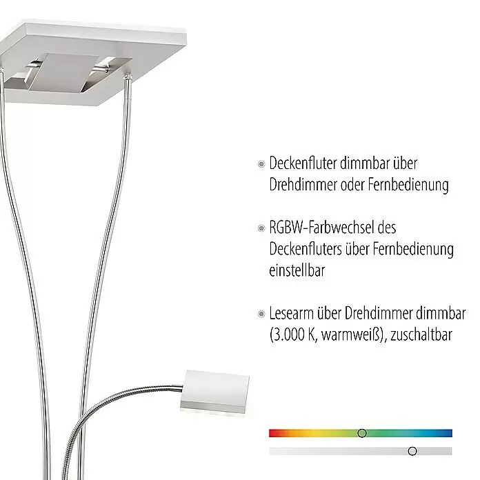 Just Light LED-Stehleuchte Helia - 26 W, Höhe: 196 cm, Stahl, RGBW - Silberne Stehlampe mit Deckenfluter und flexiblem Lesearm, vielseitige Lichtfunktionen.