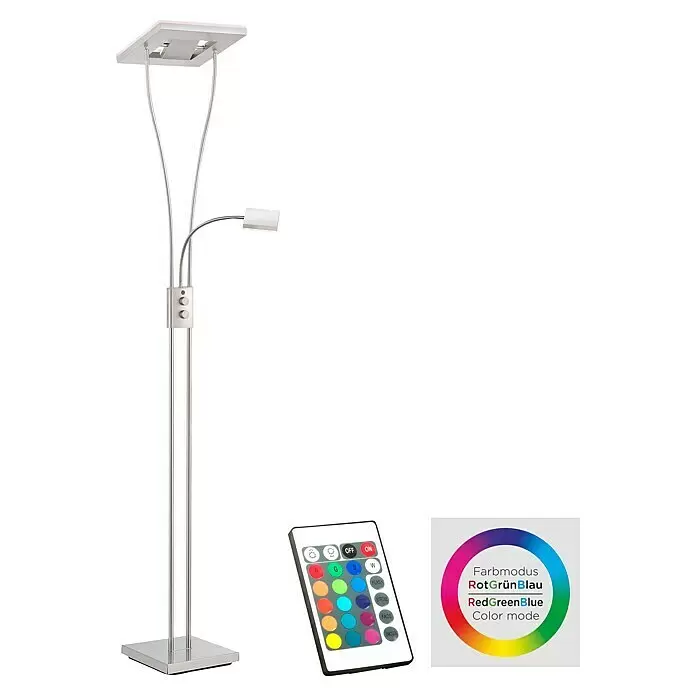 Just Light LED-Stehleuchte Helia - 26 W, Höhe: 196 cm, Stahl, RGBW - Moderne silberne Stehleuchte mit Deckenfluter und flexibler Leselampe, RGB-Farbsteuerung per Fernbedienung.
