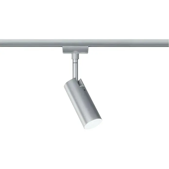 Paulmann URail LED-Spot Tubo - L x B x H: 10,5 x 4,2 x 18,6 cm, Chrom matt, Neutralweiß - Nahaufnahme einer modernen, silbernen Stromschienenleuchte mit hellem Lichtkegel vor schwarzem Hintergrund, ideal für stilvolle Akzentbeleuchtung.