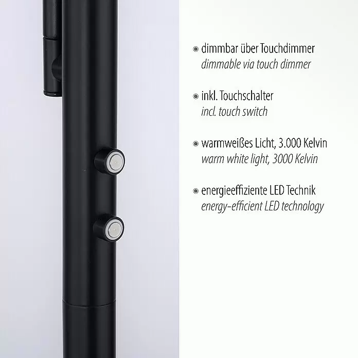 Just Light LED-Stehleuchte Hans - 31,5 W, Höhe: 190 cm, Schwarz, Warmweiß - Schwarzer Metall-Lampenfuß mit zwei integrierten weißen Touch-Dimmern.