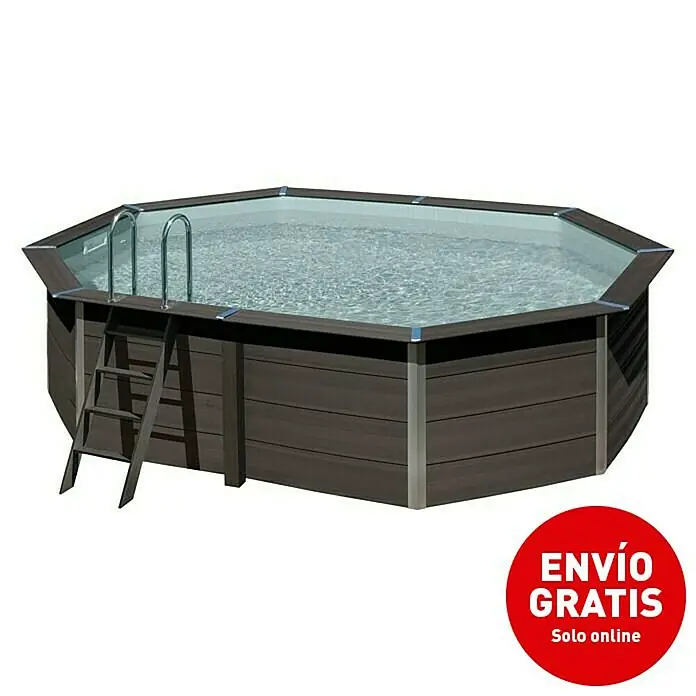 Gre Avantgarde Piscina de WPC + LED - L x An x Al: 524 x 386 x 124 cm, 16.210 l, Gris oscuro - En la imagen se muestra una piscina elevada octogonal con escalera. La piscina tiene paneles de madera y está llena de agua.