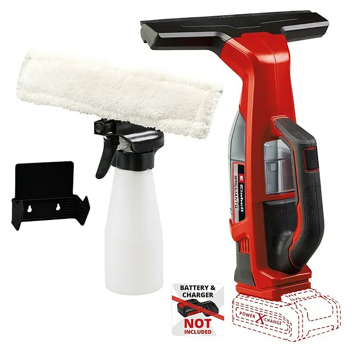 Einhell PXC 18V Limpiadora de cristales de batería Brillianto - 18 V, Sin batería, Volumen de recipiente: 0,1 l - Set de aspiradora de ventanas inalámbrica con pulverizador, limpiador de microfibra y soporte para una limpieza sin rayas. Batería y cargador no incluidos.