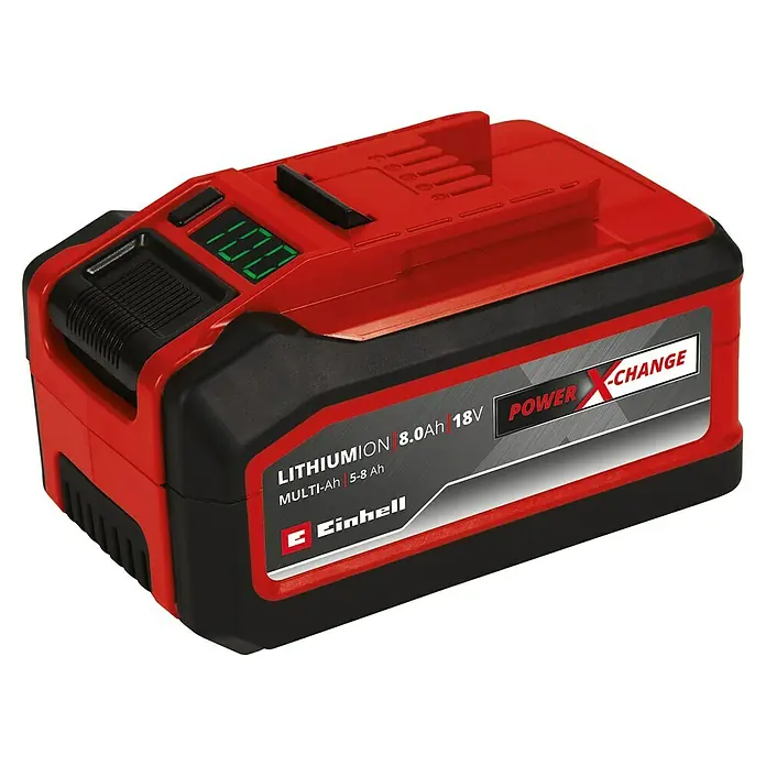 Einhell Power X-Change 18V Akku Multi-Ah PXC Plus - 18 V, 5 Ah - 8 Ah - Ein Einhell Power X-Change Akku mit 8,0 Ah und 18 V, der auf dem Display 100 % Ladung anzeigt und für verschiedene Geräte geeignet ist.