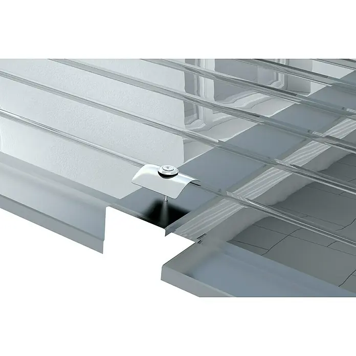 Wellplatte Wabe 76/18 - 2.500 x 900 x 2,6 mm, Polycarbonat, Grau - Detailaufnahme einer transparenten Dachkonstruktion mit Befestigungselement. Elegante und robuste Lösung für moderne Bauprojekte.