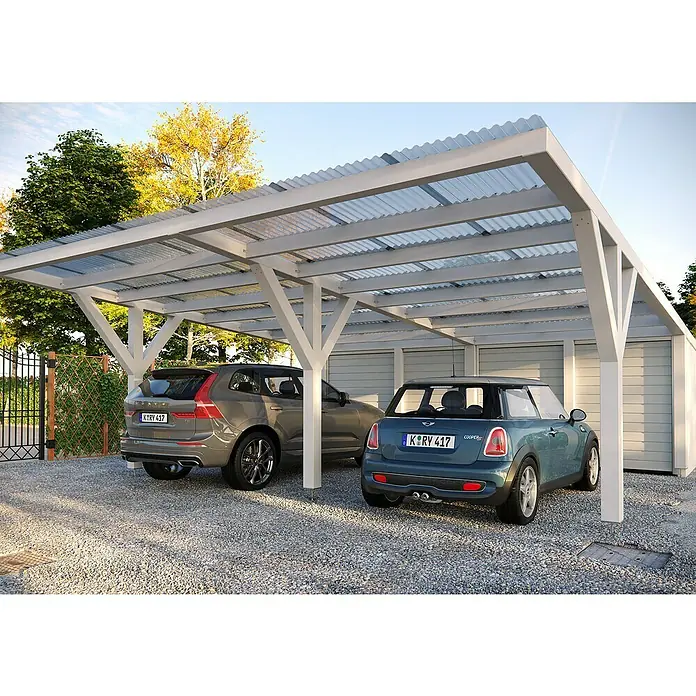 PLEXIGLAS® Wellplatte Resist - 2.000 x 1.045 x 2,8 mm, Kunststoff, Bronze - Ein Carport mit einem transparenten Dach, unter dem zwei Autos parken, bietet Schutz vor Witterungseinflüssen.