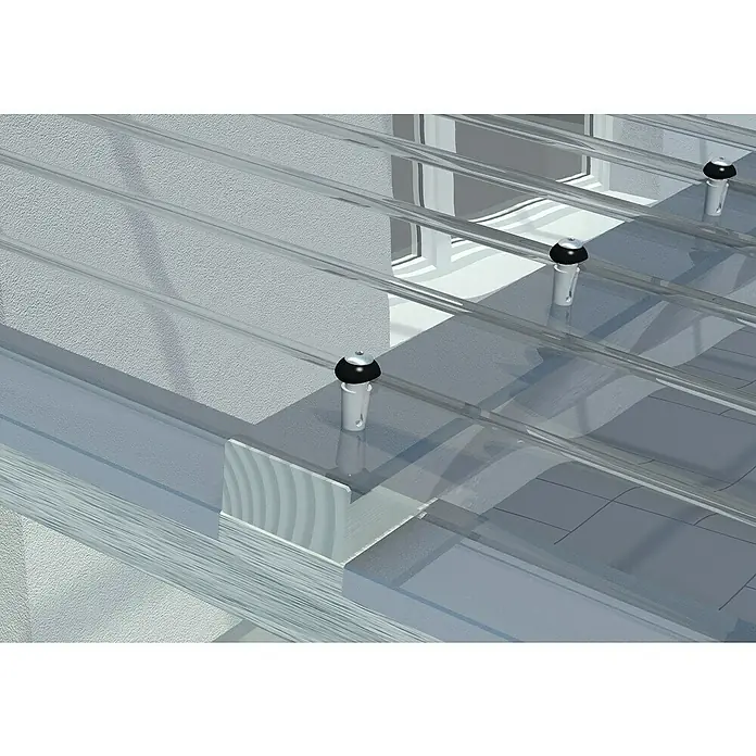 PLEXIGLAS® Wellplatte Resist - 2.500 x 1.045 x 1,8 mm, Acrylglas (PMMA), Transparent, Glatt, 76/18 mm, Trapez - Die transparente Dachkonstruktion mit Befestigungselementen bietet Schutz vor Witterungseinflüssen und lässt gleichzeitig viel Licht durch.