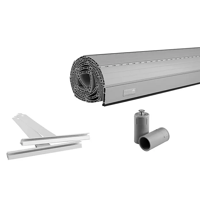 Schellenberg Rollladenpanzer MINI - 60 x 80 cm, Achatgrau - Produktabbildung eines Rollladensystems der Marke Schellenberg, inklusive Zubehörteile wie Führungsschienen und Aufhängungen.