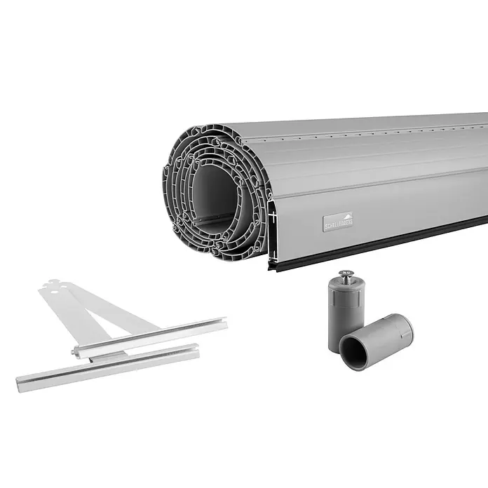 Schellenberg Rollladenpanzer MAXI80 x 100 cm, Achatgrau - Das Bild zeigt ein Rollladensystem von Schellenberg, bestehend aus Rollpanzer, Führungsschienen und Zubehör, ideal für Fenster und Türen.