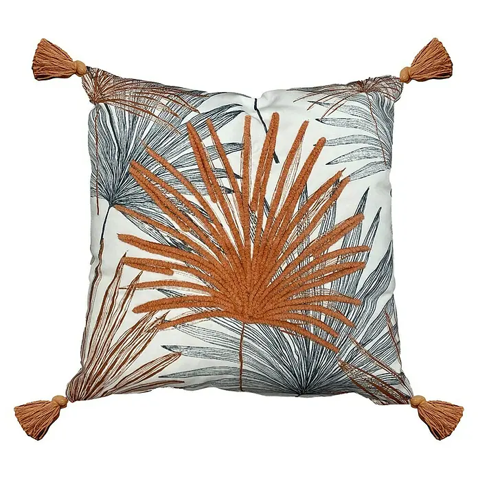 Cojín Bay - 45 x 45 cm, Textil, Melocotón, Cuadrado - Cojín decorativo con diseño tropical de hoja de palma, adornado con borlas en las esquinas, para un toque de estilo en tu hogar.