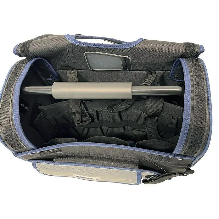 Wisent Bolsa para herramientas BASTB5 - No incluye herramientas, Negro/Gris/Azul, Correa acolchada - Bolsa de herramientas negra abierta con muchos compartimentos y asa plateada. Perfecta para organizar herramientas.