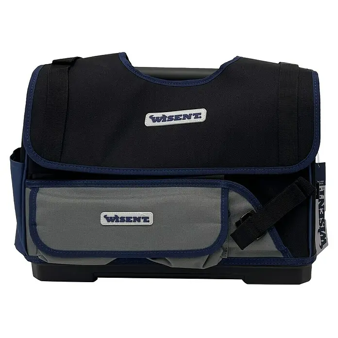 Wisent Bolsa para herramientas BASTB5 - No incluye herramientas, Negro/Gris/Azul, Correa acolchada - En la imagen se muestra una bolsa de herramientas de Wisent, ideal para artesanos. La bolsa es robusta y ofrece mucho espacio.
