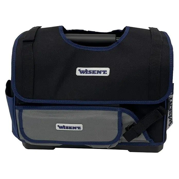 Wisent Bolsa para herramientas BASTB5 - No incluye herramientas, Negro/Gris/Azul, Correa acolchada - Primer plano de una mochila de herramientas WISENT con múltiples compartimentos y asas de transporte, perfecta para transportar herramientas.