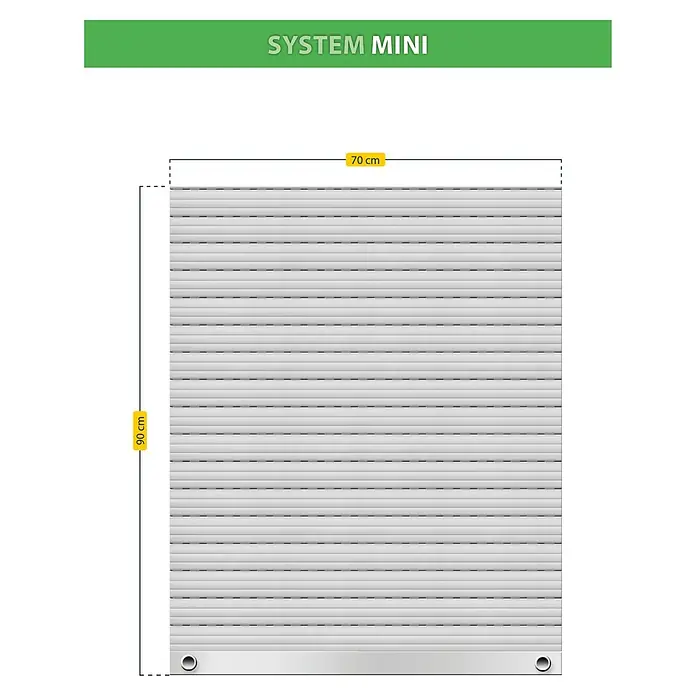 Schellenberg Rollladenpanzer MINI - 70 x 90 cm, Achatgrau - Abbildung eines Rollladens "System Mini" mit den Maßen 70 cm Breite und 90 cm Höhe, dargestellt in einer technischen Zeichnung.