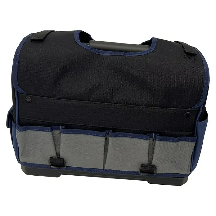 Wisent Bolsa para herramientas BASTB5 - No incluye herramientas, Negro/Gris/Azul, Correa acolchada - Imagen de una bolsa de herramientas, robusta y bien organizada con varios bolsillos y compartimentos, ideal para profesionales y aficionados al bricolaje.