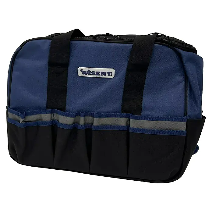 Koma Tools PRO Series Amoladora angular de batería + bolsa Wisent - Sin batería, Diámetro disco: 115 mm - Una bolsa de herramientas azul Wisent con detalles en negro y asas para transportar herramientas y equipos.