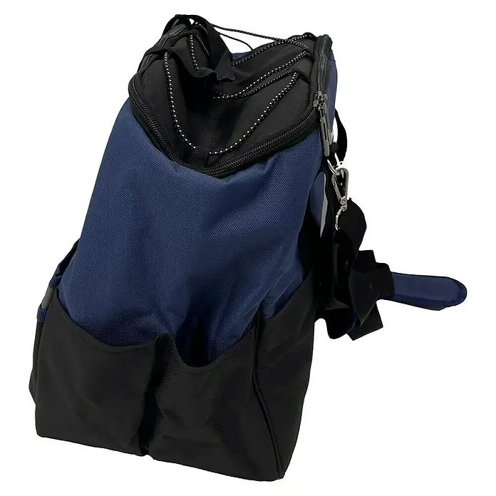 Wisent Bolsa para herramientas BASTB3 - No incluye herramientas, Azul/Negro/Gris - Primer plano de una bolsa de viaje azul marino y negra, con cordón y cremallera para un transporte seguro.