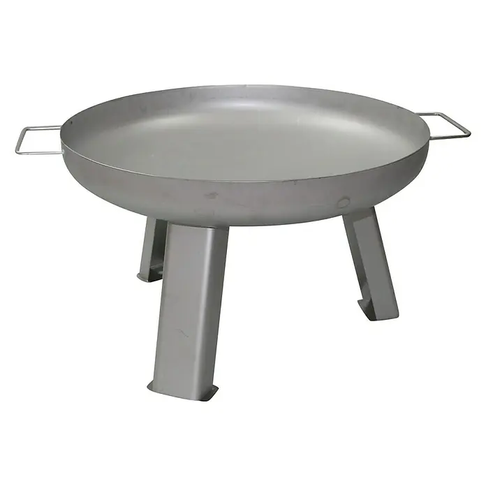 Buschbeck Feuerschale - 55 cm, Silber - Das Bild zeigt eine moderne, runde Feuerstelle aus Metall mit drei Beinen und Griffen, ideal für den Garten oder die Terrasse.