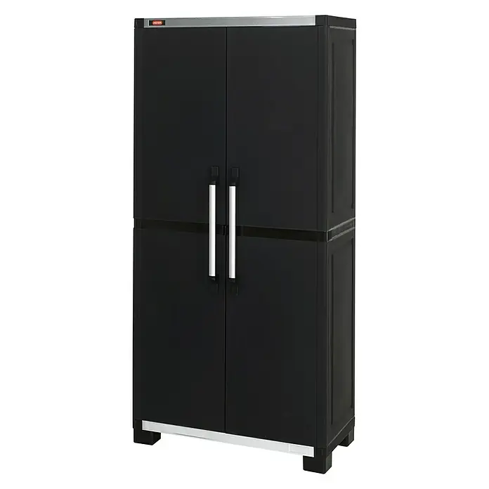Keter Kunststoff-Mehrzweckschrank XL - L x B x H: 45 x 88 x 187 cm - Schwarzer Kunststoffschrank mit zwei Türen und silbernen Griffen für zusätzlichen Stauraum. Ideal für Garage oder Keller.