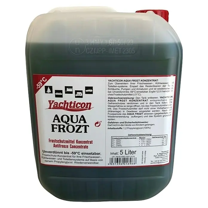 Yachticon Frostschutzkonzentrat Aqua Frozt - 5 l - Yachticon Aqua Frozt Konzentrat, ein Frostschutzmittel für Frischwasser-, Kühlwasser- und Toilettensysteme, mit Frostschutz bis -59°C.