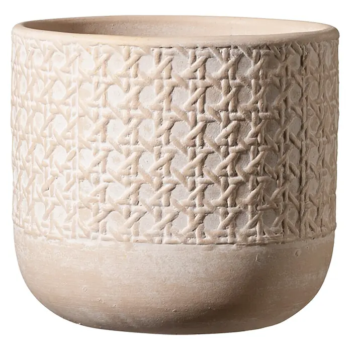 Soendgen Keramik Übertopf rund Vienna - Außenmaß (Ø x H): 21 x 19 cm, Naturbeige, Keramik - Beige Pflanztopf mit markantem Rattanmuster für Innen- oder Außenbereiche. Ideal für Pflanzenliebhaber, die stilvolle Dekoration schätzen.